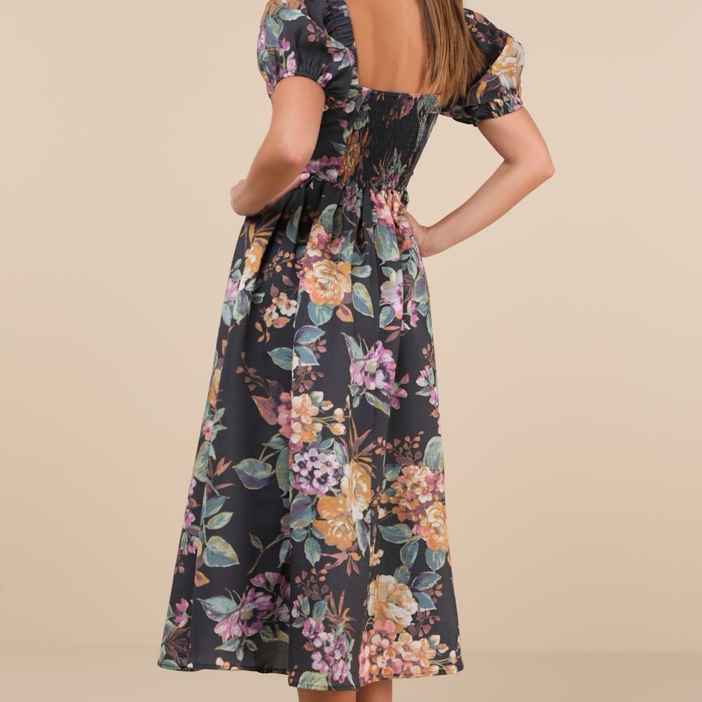 Lulu's Black Floral Midi Dress with Pastel Blooms - Picture 2 of 12